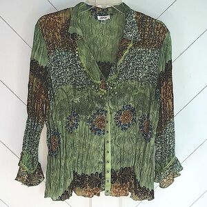Jaipur Green Print Top Long Sleeve,Beaded Collar Size L